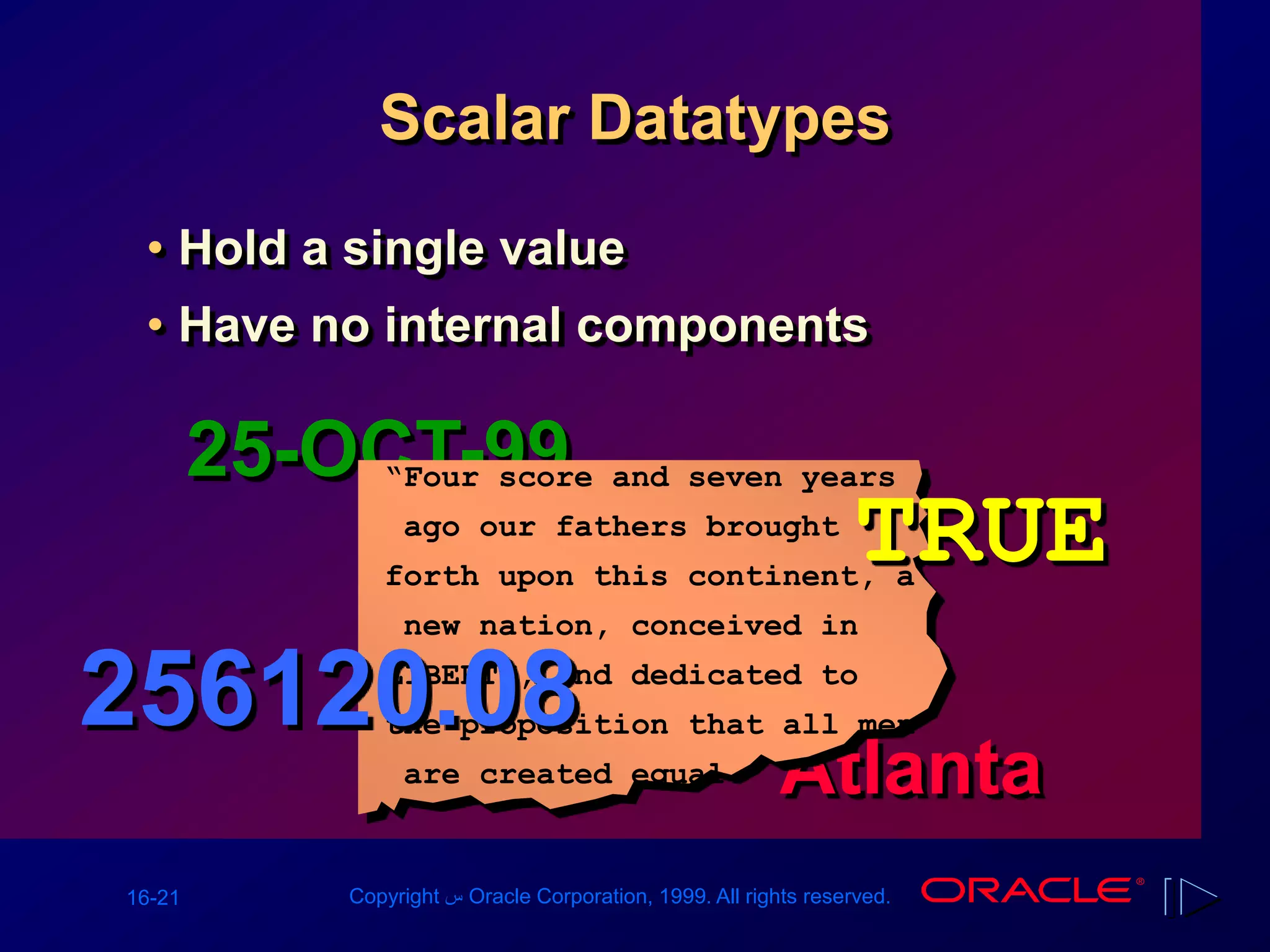 16-21 Copyright ‫س‬ Oracle Corporation, 1999. All rights reserved.
Scalar Datatypes
• Hold a single value
• Have no internal components
25-OCT-99
Atlanta
“Four score and seven years
ago our fathers brought
forth upon this continent, a
new nation, conceived in
LIBERTY, and dedicated to
the proposition that all men
are created equal.”
TRUE
256120.08
 