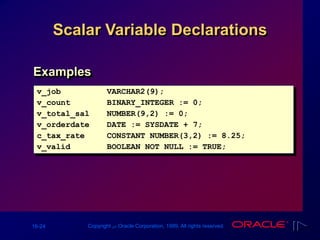 16-24 Copyright ‫س‬ Oracle Corporation, 1999. All rights reserved.
Scalar Variable Declarations
v_job VARCHAR2(9);
v_count BINARY_INTEGER := 0;
v_total_sal NUMBER(9,2) := 0;
v_orderdate DATE := SYSDATE + 7;
c_tax_rate CONSTANT NUMBER(3,2) := 8.25;
v_valid BOOLEAN NOT NULL := TRUE;
Examples
 