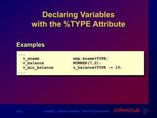 16-26 Copyright ‫س‬ Oracle Corporation, 1999. All rights reserved.
Declaring Variables
with the %TYPE Attribute
Examples
...
v_ename emp.ename%TYPE;
v_balance NUMBER(7,2);
v_min_balance v_balance%TYPE := 10;
...
 