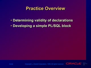 16-36 Copyright ‫س‬ Oracle Corporation, 1999. All rights reserved.
Practice Overview
• Determining validity of declarations
• Developing a simple PL/SQL block
 