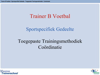 Trainer B Voetbal
Sportspecifiek Gedeelte
Toegepaste Trainingsmethodiek
Coördinatie
Trainer B Voetbal - Sportspecifiek Gedeelte - Toegepaste Trainingsmethodiek - Coördinatie
 