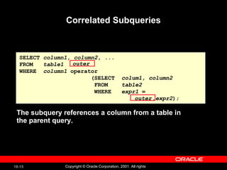 Correlated Subqueries SELECT  column1 ,  column2 , ... FROM  table1 WHERE  column1  operator    (SELECT  colum1, column2 FROM  table2 WHERE  expr1  =  .expr2 ); The subquery references a column from a table in the parent query. outer outer 