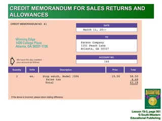 CREDIT MEMORANDUM FOR SALES RETURNS AND
ALLOWANCES




                                   Lesson 19-3, page 501
                                       © South-Western
                                  Educational Publishing
 