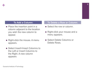 Place the insertion point in a column adjacent to the location you wish the new column to appear.Right-click the mouse. A menu appears.Select Insert > Insert Columns to the Left or Insert Columns to the Right. A new column appearsSelect the row or column.Right-click your mouse and a menu appears.Select Delete Columns or Delete Rows.To Add a Column:To Delete a Row or Column:8Guevarra Institute of Technology