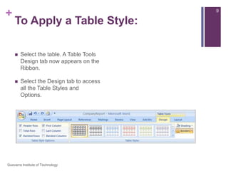 To Apply a Table Style:Select the table. A Table Tools Design tab now appears on the Ribbon.Select the Design tab to access all the Table Styles and Options.9Guevarra Institute of Technology