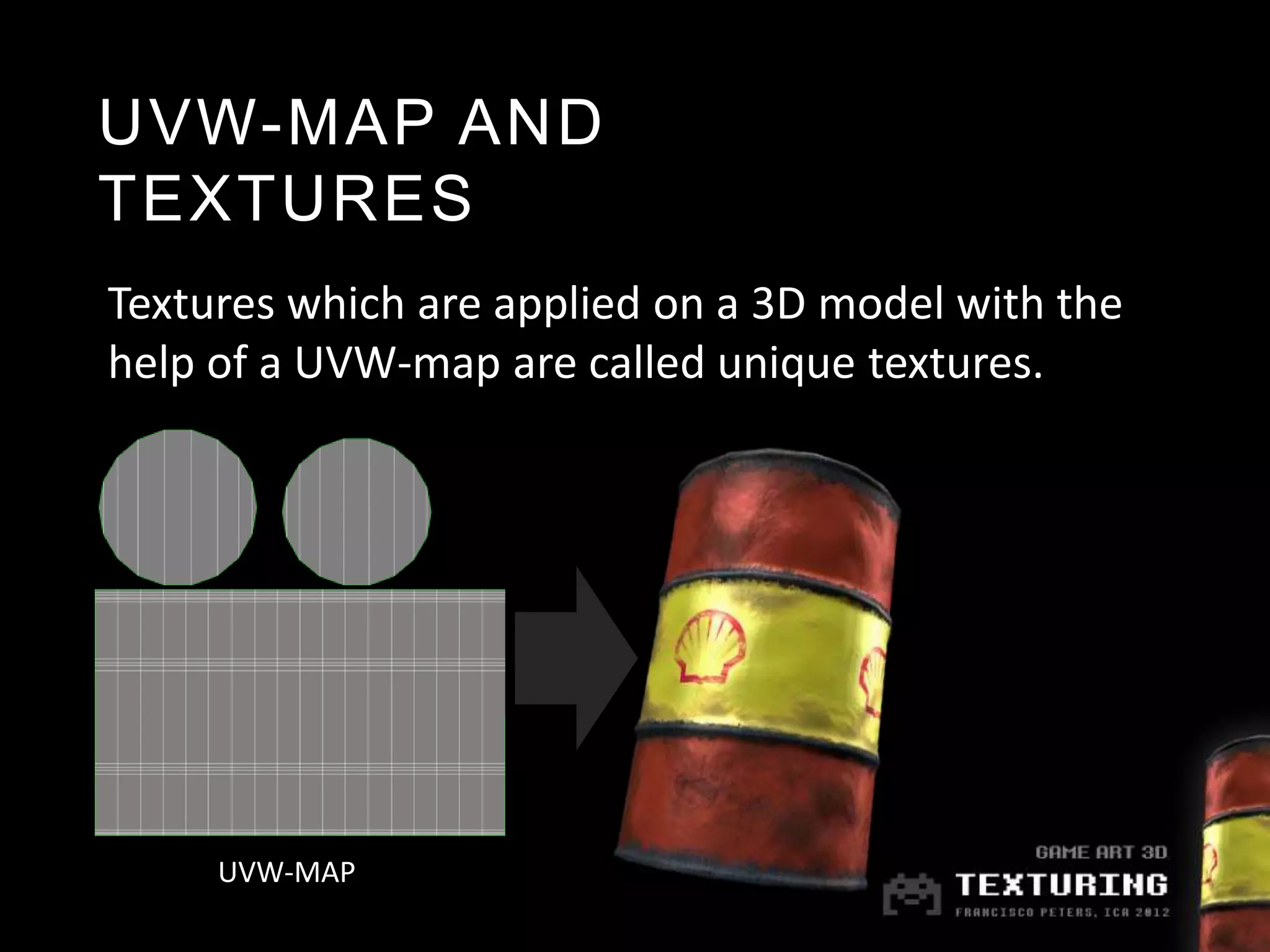 UVW-MAP AND
TEXTURES
Textures which are applied on a 3D model with the
help of a UVW-map are called unique textures.




     UVW-MAP
 