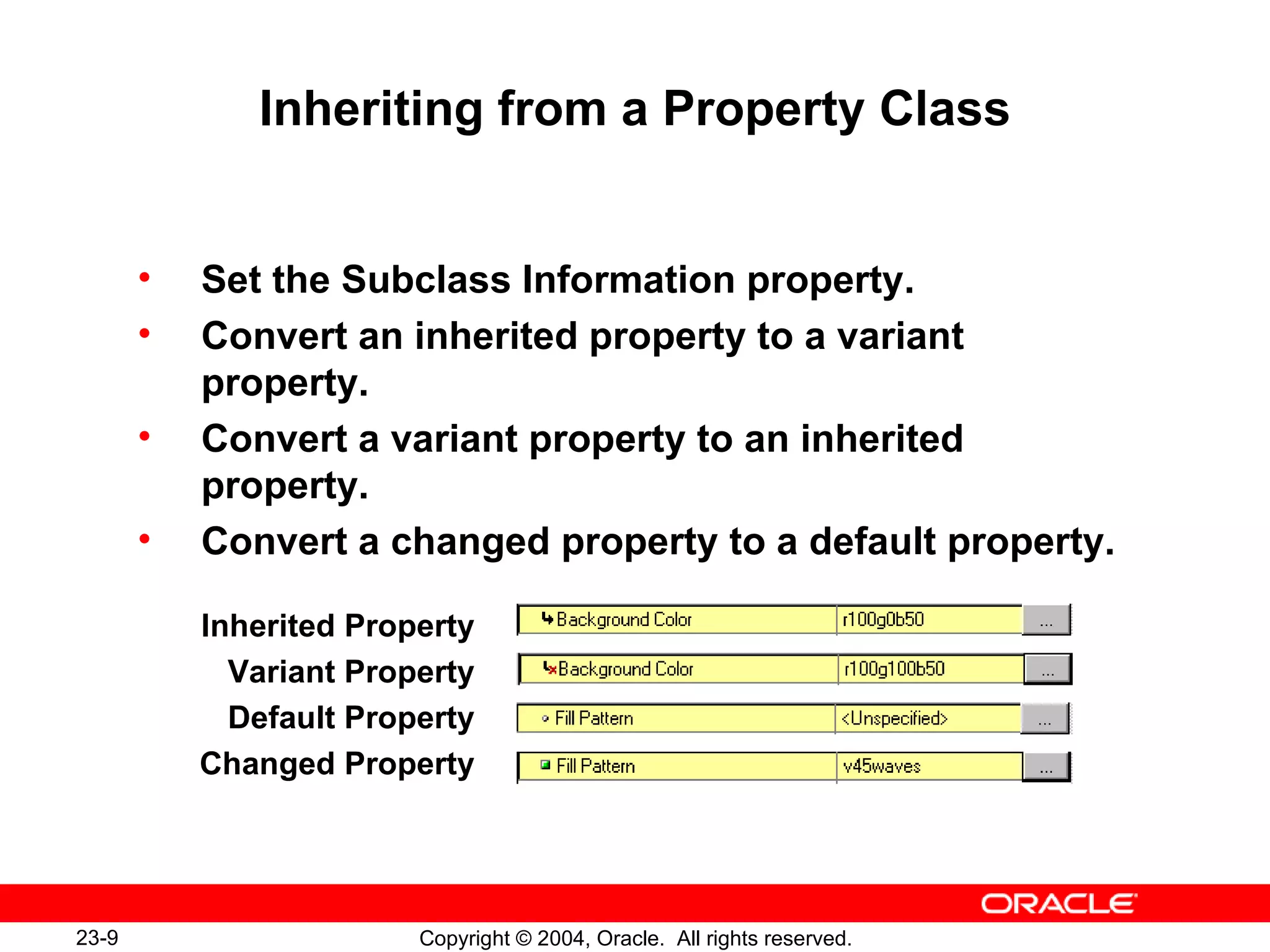 Inheriting from a Property Class Set the Subclass Information property. Convert an inherited property to a variant property. Convert a variant property to an inherited property. Convert a changed property to a default property. Inherited Property Variant Property Default Property Changed Property 