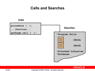 Calls and Searches procedure (  ); ...function... package.call (  ); Program Units PROCA PROCB Attached Libraries Database Calls Searches 
