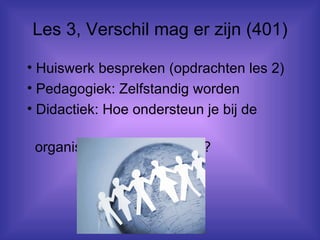 Les 3, Verschil mag er zijn (401) Huiswerk bespreken (opdrachten les 2) Pedagogiek: Zelfstandig worden  Didactiek: Hoe ondersteun je bij de  organisatie van activiteiten?  