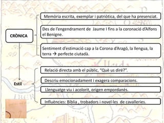 Memòria escrita, exemplar i patriòtica, del que ha presenciat.

          Des de l’engendrament de Jaume I fins a la coronació d’Alfons
CRÒNICA   el Benigne.


          Sentiment d’estimació cap a la Corona d’Aragó, la llengua, la
          terra  perfecte ciutadà.


           Relació directa amb el públic, “Què us diré?”.

           Descriu emocionadament i exagera comparacions.
 Estil
           Llenguatge viu i acolorit, origen empordanès.

           Influències: Bíblia , trobadors i novel·les de cavalleries.
 