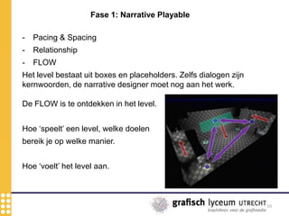 10
Fase 1: Narrative Playable
- Pacing & Spacing
- Relationship
- FLOW
Het level bestaat uit boxes en placeholders. Zelfs dialogen zijn
kernwoorden, de narrative designer moet nog aan het werk.
De FLOW is te ontdekken in het level.
Hoe ‘speelt’ een level, welke doelen
bereik je op welke manier.
Hoe ‘voelt’ het level aan.
 
