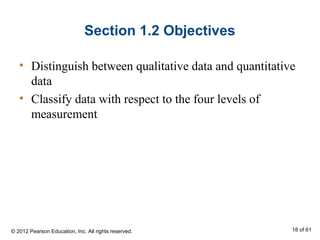 Section 1.2 Objectives
• Distinguish between qualitative data and quantitative
data
• Classify data with respect to the four levels of
measurement
© 2012 Pearson Education, Inc. All rights reserved. 18 of 61
 