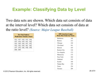 Example: Classifying Data by Level
Two data sets are shown. Which data set consists of data
at the interval level? Which data set consists of data at
the ratio level? (Source: Major League Baseball)
© 2012 Pearson Education, Inc. All rights reserved. 28 of 61
 