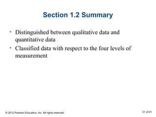 Section 1.2 Summary
• Distinguished between qualitative data and
quantitative data
• Classified data with respect to the four levels of
measurement
© 2012 Pearson Education, Inc. All rights reserved. 31 of 61
 