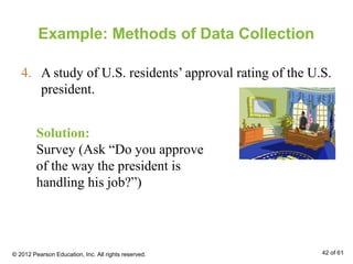Example: Methods of Data Collection
Solution:
Survey (Ask “Do you approve
of the way the president is
handling his job?”)
4. A study of U.S. residents’ approval rating of the U.S.
president.
© 2012 Pearson Education, Inc. All rights reserved. 42 of 61
 