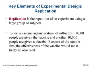 Key Elements of Experimental Design:
Replication
• Replication is the repetition of an experiment using a
large group of subjects.
• To test a vaccine against a strain of influenza, 10,000
people are given the vaccine and another 10,000
people are given a placebo. Because of the sample
size, the effectiveness of the vaccine would most
likely be observed.
© 2012 Pearson Education, Inc. All rights reserved. 49 of 61
 