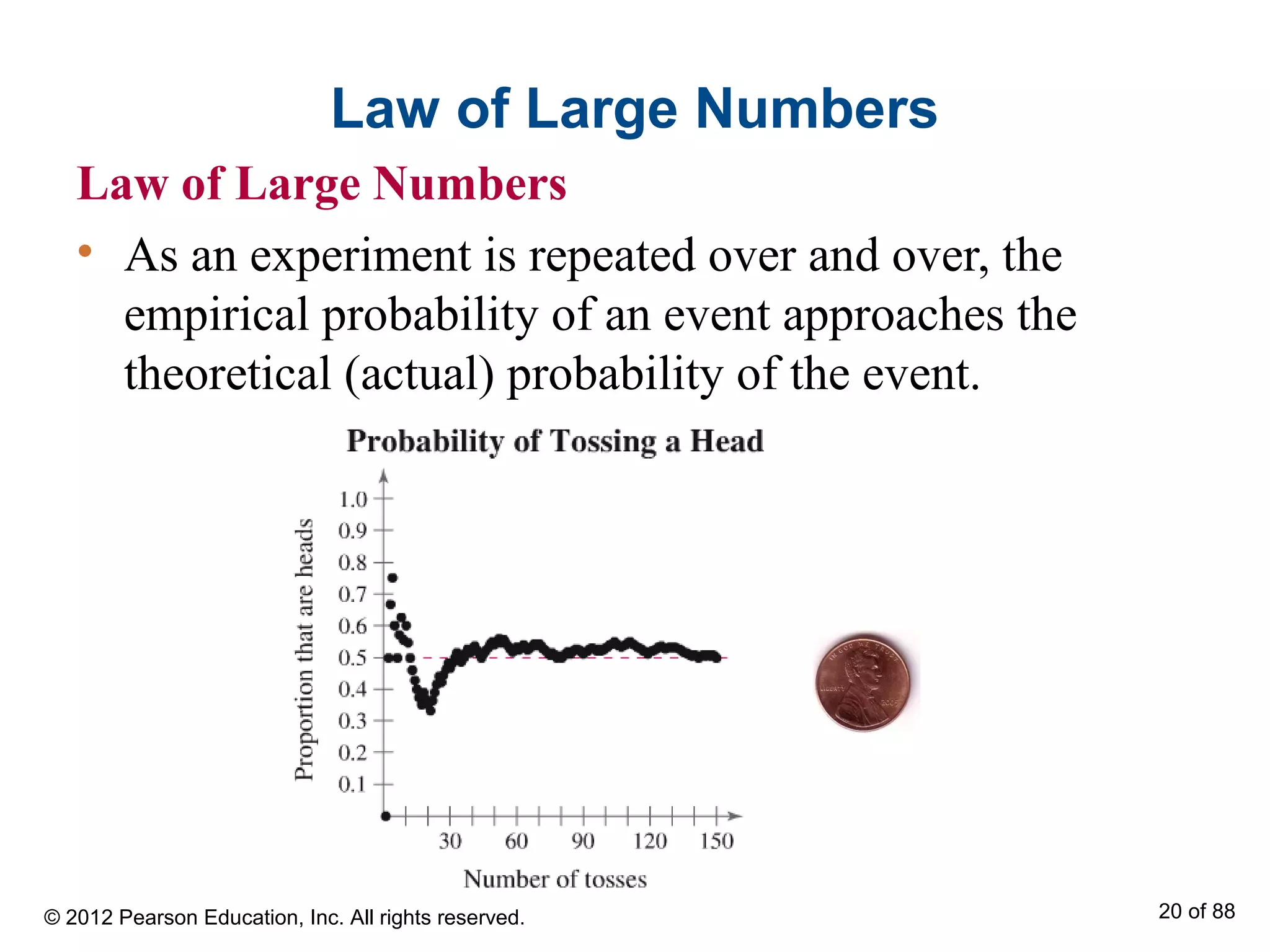 Law of Large Numbers
Law of Large Numbers
• As an experiment is repeated over and over, the
empirical probability of an event approaches the
theoretical (actual) probability of the event.
© 2012 Pearson Education, Inc. All rights reserved. 20 of 88
 