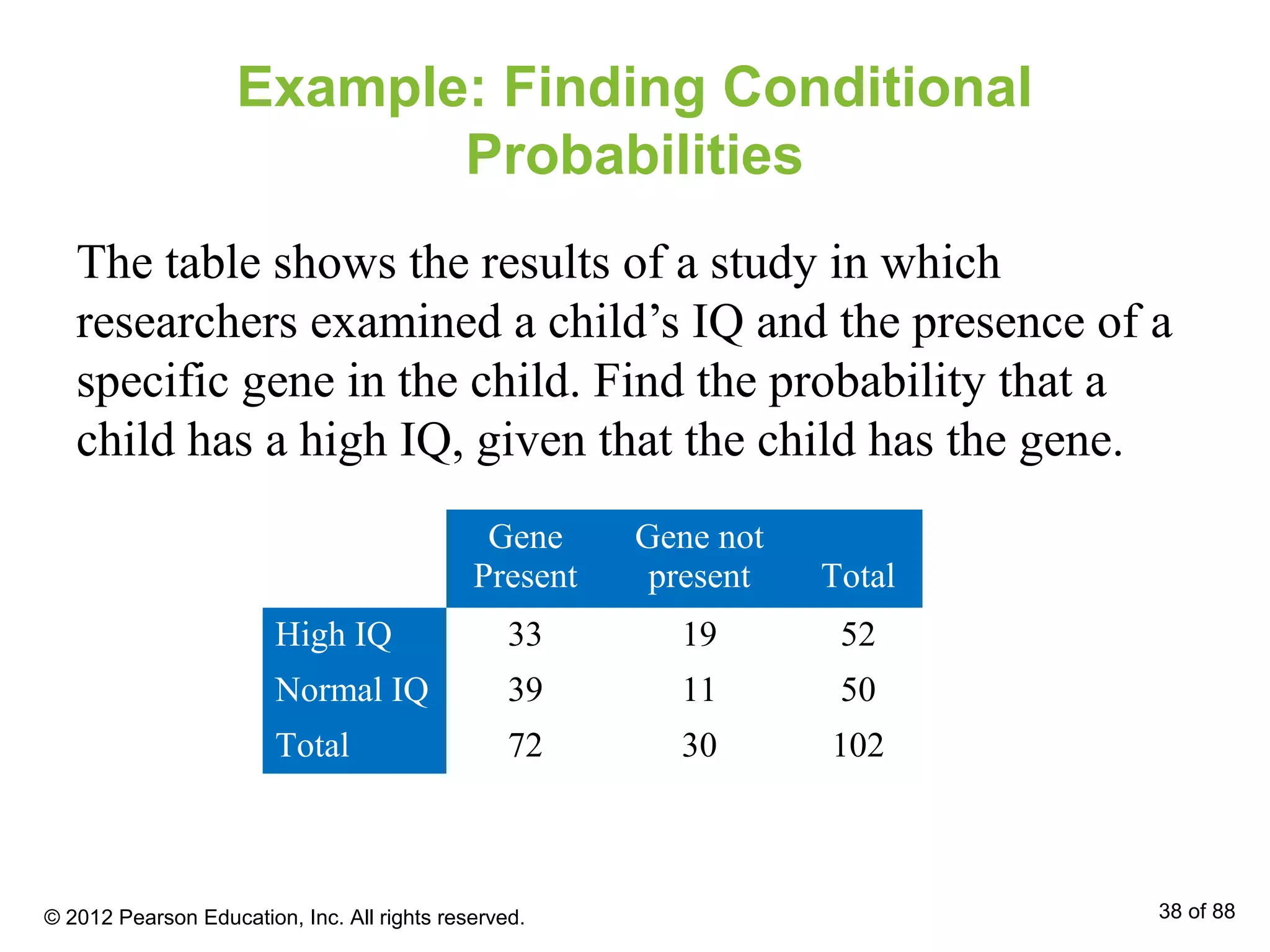 Example: Finding Conditional
Probabilities
The table shows the results of a study in which
researchers examined a child’s IQ and the presence of a
specific gene in the child. Find the probability that a
child has a high IQ, given that the child has the gene.
Gene
Present
Gene not
present Total
High IQ 33 19 52
Normal IQ 39 11 50
Total 72 30 102
© 2012 Pearson Education, Inc. All rights reserved. 38 of 88
 