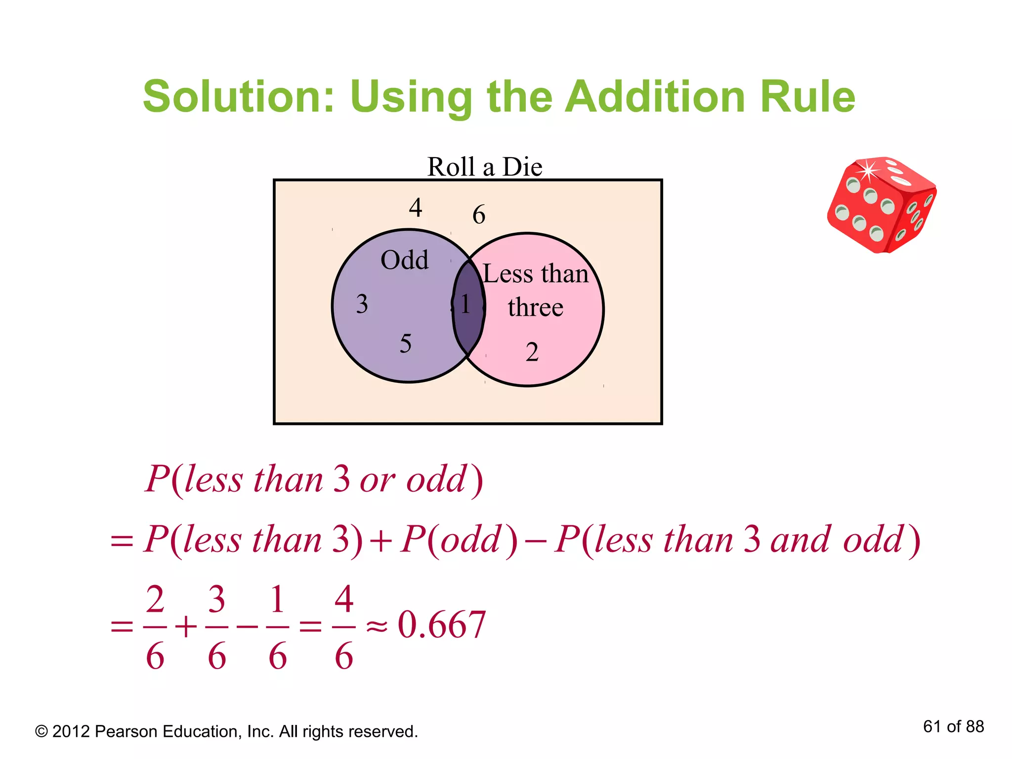 Solution: Using the Addition Rule
( 3 )
( 3) ( ) ( 3 )
2 3 1 4
0.667
6 6 6 6
P less than or odd
P less than P odd P less than and odd= + −
= + − = ≈
Odd
5
3 1
2
4 6
Less than
three
Roll a Die
© 2012 Pearson Education, Inc. All rights reserved. 61 of 88
 