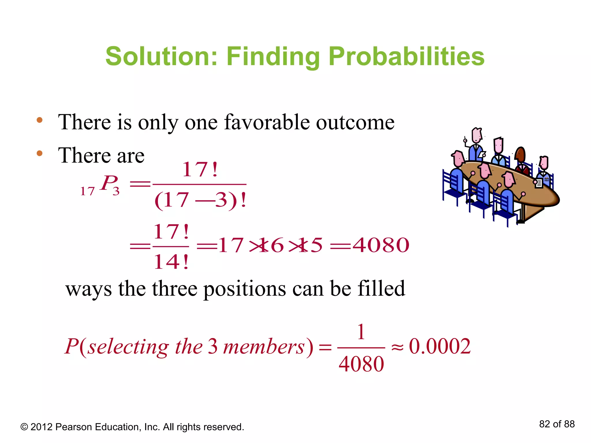 Solution: Finding Probabilities
• There is only one favorable outcome
• There are
ways the three positions can be filled
17 3
17!
(17 3)!
17!
17 16 15 4080
14!
P =
−
= = × × =
1
( 3 ) 0.0002
4080
P selecting the members = ≈
© 2012 Pearson Education, Inc. All rights reserved. 82 of 88
 