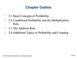Chapter Outline
• 3.1 Basic Concepts of Probability
• 3.2 Conditional Probability and the Multiplication
Rule
• 3.3 The Addition Rule
• 3.4 Additional Topics in Probability and Counting
© 2012 Pearson Education, Inc. All rights reserved. 2 of 88
 