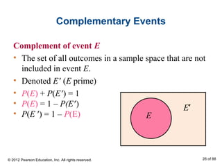 Complementary Events
Complement of event E
• The set of all outcomes in a sample space that are not
included in event E.
• Denoted E′ (E prime)
• P(E) + P(E′) = 1
• P(E) = 1 – P(E′)
• P(E ′) = 1 – P(E)
E′
E
© 2012 Pearson Education, Inc. All rights reserved. 26 of 88
 