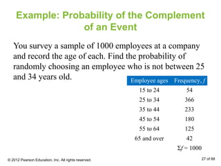 Example: Probability of the Complement
of an Event
You survey a sample of 1000 employees at a company
and record the age of each. Find the probability of
randomly choosing an employee who is not between 25
and 34 years old. Employee ages Frequency, f
15 to 24 54
25 to 34 366
35 to 44 233
45 to 54 180
55 to 64 125
65 and over 42
Σf = 1000
© 2012 Pearson Education, Inc. All rights reserved. 27 of 88
 