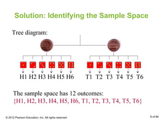 Solution: Identifying the Sample Space
Tree diagram:
H1 H2 H3 H4 H5 H6 T1 T2 T3 T4 T5 T6
The sample space has 12 outcomes:
{H1, H2, H3, H4, H5, H6, T1, T2, T3, T4, T5, T6}
© 2012 Pearson Education, Inc. All rights reserved. 8 of 88
 
