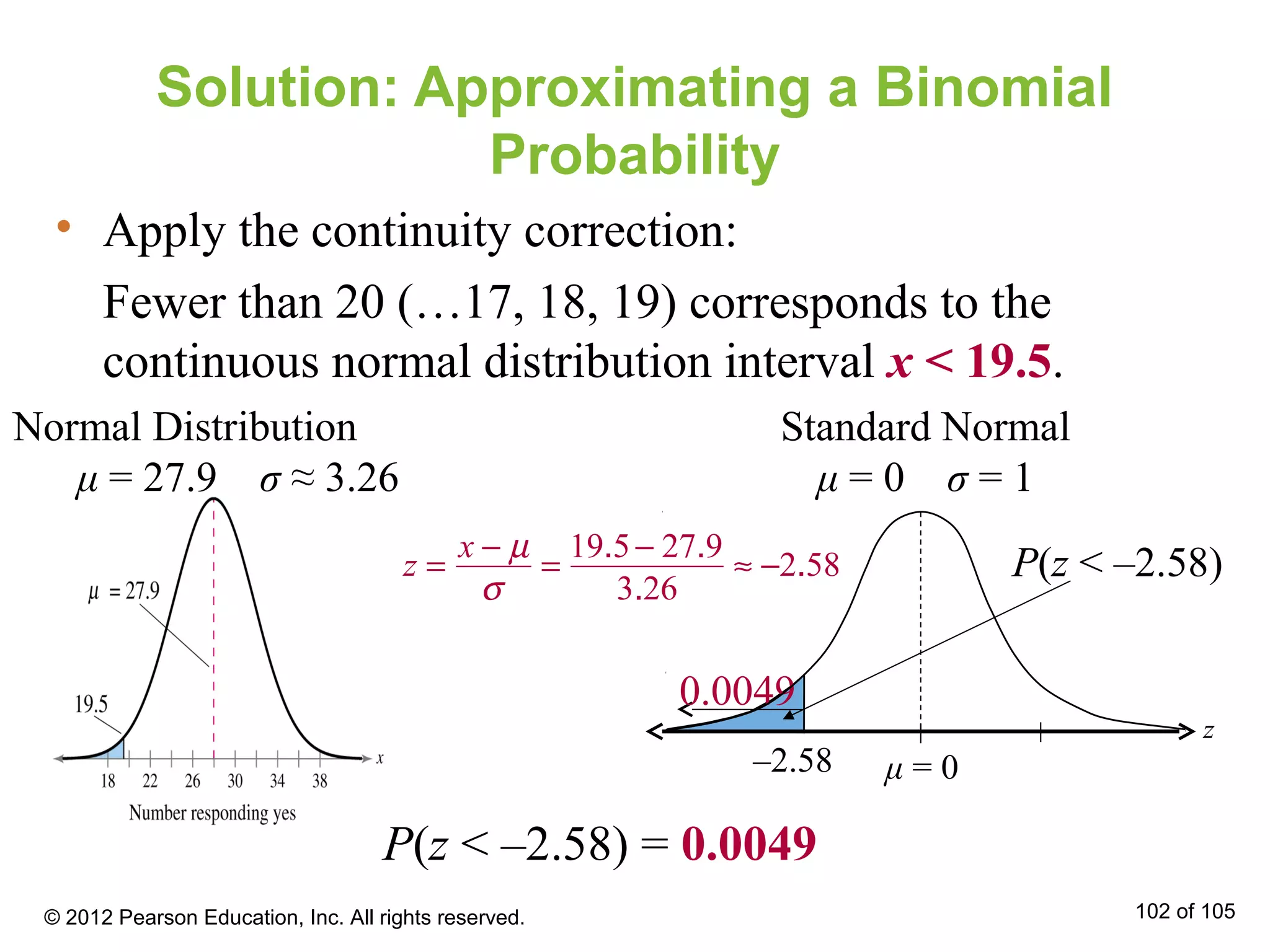 • Apply the continuity correction:
Fewer than 20 (…17, 18, 19) corresponds to the
continuous normal distribution interval x < 19.5.
Solution: Approximating a Binomial
Probability
z =
x − µ
σ
=
19.5− 27.9
3.26
≈ −2.58
P(z < –2.58) = 0.0049
© 2012 Pearson Education, Inc. All rights reserved. 102 of 105
Normal Distribution
μ = 27.9 σ ≈ 3.26
0.0049
–2.58 μ = 0
P(z < –2.58)
Standard Normal
μ = 0 σ = 1
z
 