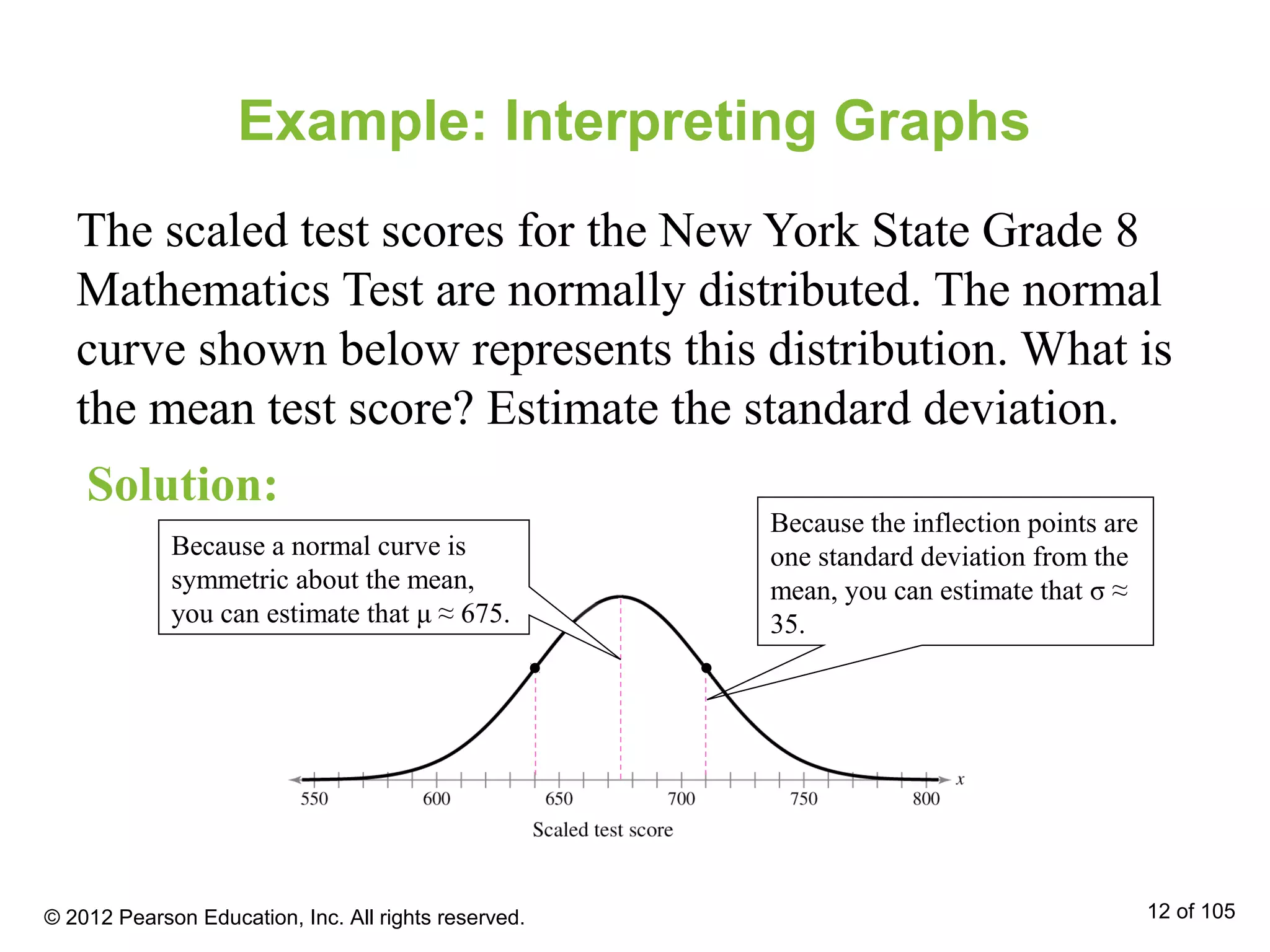 Example: Interpreting Graphs
The scaled test scores for the New York State Grade 8
Mathematics Test are normally distributed. The normal
curve shown below represents this distribution. What is
the mean test score? Estimate the standard deviation.
Solution:
© 2012 Pearson Education, Inc. All rights reserved. 12 of 105
Because a normal curve is
symmetric about the mean,
you can estimate that μ ≈ 675.
Because the inflection points are
one standard deviation from the
mean, you can estimate that σ ≈
35.
 