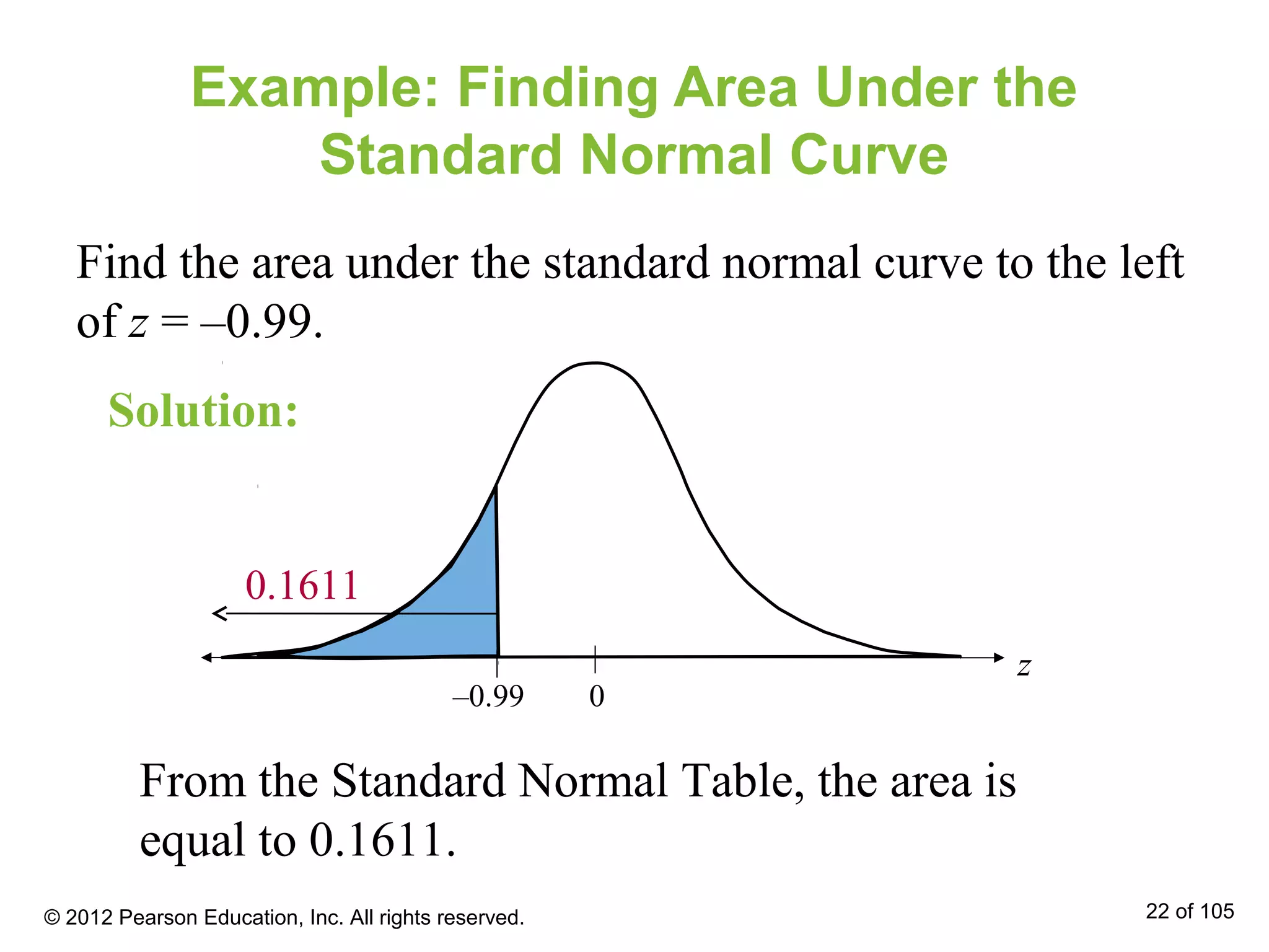 Example: Finding Area Under the
Standard Normal Curve
Find the area under the standard normal curve to the left
of z = –0.99.
From the Standard Normal Table, the area is
equal to 0.1611.
–0.99 0
z
0.1611
Solution:
© 2012 Pearson Education, Inc. All rights reserved. 22 of 105
 