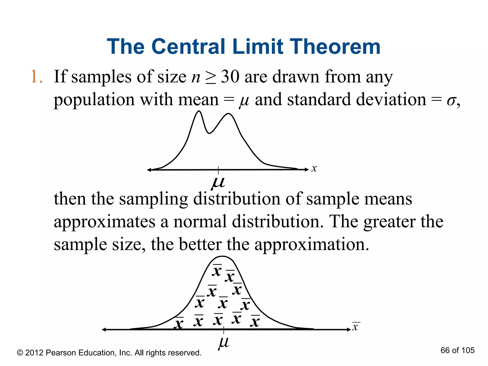 The Central Limit Theorem
1. If samples of size n ≥ 30 are drawn from any
population with mean = µ and standard deviation = σ,
x
µ
µ
x
x
x
x
x
xxx x
x
x
x x
then the sampling distribution of sample means
approximates a normal distribution. The greater the
sample size, the better the approximation.
© 2012 Pearson Education, Inc. All rights reserved. 66 of 105
 