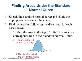 Finding Areas Under the Standard
Normal Curve
1. Sketch the standard normal curve and shade the
appropriate area under the curve.
2. Find the area by following the directions for each
case shown.
a. To find the area to the left of z, find the area that
corresponds to z in the Standard Normal Table.
1. Use the table to find
the area for the z-score
2. The area to the left
of z = 1.23 is 0.8907
© 2012 Pearson Education, Inc. All rights reserved. 19 of 105
 