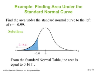 Example: Finding Area Under the
Standard Normal Curve
Find the area under the standard normal curve to the left
of z = –0.99.
From the Standard Normal Table, the area is
equal to 0.1611.
–0.99 0
z
0.1611
Solution:
© 2012 Pearson Education, Inc. All rights reserved. 22 of 105
 
