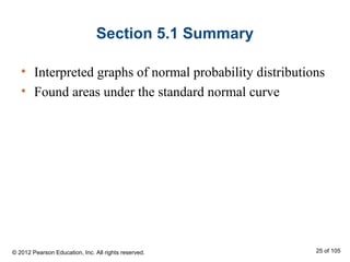 Section 5.1 Summary
• Interpreted graphs of normal probability distributions
• Found areas under the standard normal curve
© 2012 Pearson Education, Inc. All rights reserved. 25 of 105
 