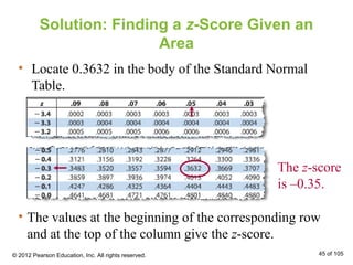Solution: Finding a z-Score Given an
Area
• Locate 0.3632 in the body of the Standard Normal
Table.
• The values at the beginning of the corresponding row
and at the top of the column give the z-score.
The z-score
is –0.35.
© 2012 Pearson Education, Inc. All rights reserved. 45 of 105
 