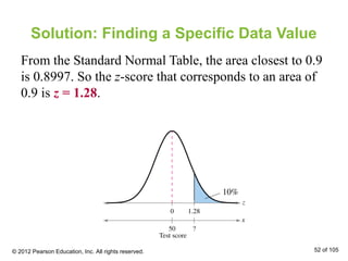 Solution: Finding a Specific Data Value
From the Standard Normal Table, the area closest to 0.9
is 0.8997. So the z-score that corresponds to an area of
0.9 is z = 1.28.
© 2012 Pearson Education, Inc. All rights reserved. 52 of 105
 