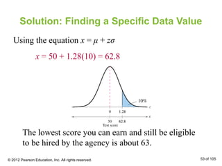 Solution: Finding a Specific Data Value
Using the equation x = μ + zσ
x = 50 + 1.28(10) = 62.8
The lowest score you can earn and still be eligible
to be hired by the agency is about 63.
© 2012 Pearson Education, Inc. All rights reserved. 53 of 105
 