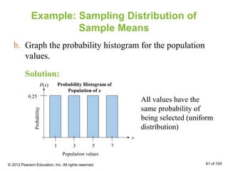 Example: Sampling Distribution of
Sample Means
b. Graph the probability histogram for the population
values.
All values have the
same probability of
being selected (uniform
distribution)
Population values
Probability
0.25
1 3 5 7
x
P(x) Probability Histogram of
Population of x
Solution:
© 2012 Pearson Education, Inc. All rights reserved. 61 of 105
 