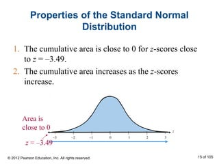Properties of the Standard Normal
Distribution
1. The cumulative area is close to 0 for z-scores close
to z = –3.49.
2. The cumulative area increases as the z-scores
increase.
z = –3.49
Area is
close to 0 z
–3 1–2 –1 0 2 3
© 2012 Pearson Education, Inc. All rights reserved. 15 of 105
 