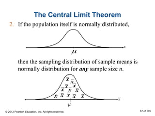 The Central Limit Theorem
2. If the population itself is normally distributed,
then the sampling distribution of sample means is
normally distribution for any sample size n.
µ
x
© 2012 Pearson Education, Inc. All rights reserved. 67 of 105
µ
x
x
x
x
x
x
xxx x
x
x
x
 