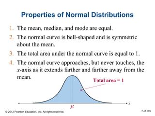 Properties of Normal Distributions
1. The mean, median, and mode are equal.
2. The normal curve is bell-shaped and is symmetric
about the mean.
3. The total area under the normal curve is equal to 1.
4. The normal curve approaches, but never touches, the
x-axis as it extends farther and farther away from the
mean.
x
Total area = 1
μ
© 2012 Pearson Education, Inc. All rights reserved. 7 of 105
 