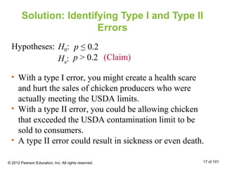 Solution: Identifying Type I and Type II
Errors
H0:
Ha:
p ≤ 0.2
p > 0.2
Hypotheses:
(Claim)
• With a type I error, you might create a health scare
and hurt the sales of chicken producers who were
actually meeting the USDA limits.
• With a type II error, you could be allowing chicken
that exceeded the USDA contamination limit to be
sold to consumers.
• A type II error could result in sickness or even death.
© 2012 Pearson Education, Inc. All rights reserved. 17 of 101
 