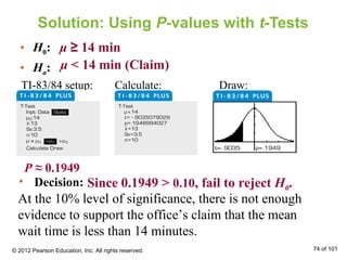 Solution: Using P-values with t-Tests
© 2012 Pearson Education, Inc. All rights reserved. 74 of 101
• H0:
• Ha:
• Decision:
μ ≥ 14 min
μ < 14 min (Claim)
TI-83/84 setup: Calculate: Draw:
At the 10% level of significance, there is not enough
evidence to support the office’s claim that the mean
wait time is less than 14 minutes.
P ≈ 0.1949
Since 0.1949 > 0.10, fail to reject H0.
 