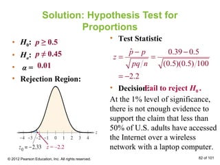 Solution: Hypothesis Test for
Proportions
• H0:
• Ha:
• α =
• Rejection Region:
p ≥ 0.5
p ≠ 0.45
0.01
• Decision:
At the 1% level of significance,
there is not enough evidence to
support the claim that less than
50% of U.S. adults have accessed
the Internet over a wireless
network with a laptop computer.
• Test Statistic
Fail to reject H0 .
© 2012 Pearson Education, Inc. All rights reserved. 82 of 101
ˆ 0.39 0.5
(0.5)(0.5) 100
2.2
p p
z
pq n
− −
= =
= −
z = –2.2
 