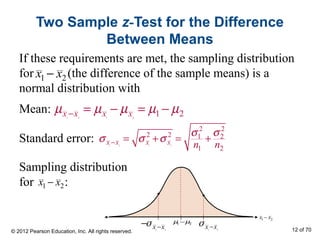 Two Sample z-Test for the Difference
Between Means
If these requirements are met, the sampling distribution
for (the difference of the sample means) is a
normal distribution with
1 2 1 2
1 2x x x xµ µ µ µ µ− = − = −
1 2x x−
1 2 1 2
2 2
2 2 1 2
1 2
x x x x n n
σ σ
σ σ σ− = + = +
Sampling distribution
for :1 2x x−
Mean:
Standard error:
1 2x x−
1 2µ µ−
1 2
x x−−σ 1 2
x x−σ
© 2012 Pearson Education, Inc. All rights reserved. 12 of 70
 