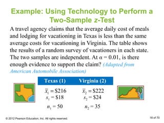 Example: Using Technology to Perform a
Two-Sample z-Test
A travel agency claims that the average daily cost of meals
and lodging for vacationing in Texas is less than the same
average costs for vacationing in Virginia. The table shows
the results of a random survey of vacationers in each state.
The two samples are independent. At α = 0.01, is there
enough evidence to support the claim? (Adapted from
American Automobile Association)
Texas (1) Virginia (2)
s1 = $18 s2 = $24
n1 = 50 n2 = 35
1 $216x = 2 $222x =
© 2012 Pearson Education, Inc. All rights reserved. 18 of 70
 
