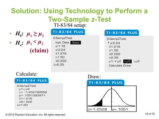 Solution: Using Technology to Perform a
Two-Sample z-Test
• H0:
• Ha:
μ1 ≥ μ2
μ1 < μ2
(claim)
TI-83/84 setup:
Calculate:
Draw:
© 2012 Pearson Education, Inc. All rights reserved. 19 of 70
 