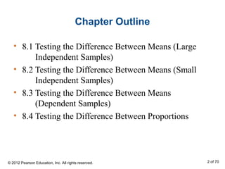 Chapter Outline
• 8.1 Testing the Difference Between Means (Large
Independent Samples)
• 8.2 Testing the Difference Between Means (Small
Independent Samples)
• 8.3 Testing the Difference Between Means
(Dependent Samples)
• 8.4 Testing the Difference Between Proportions
© 2012 Pearson Education, Inc. All rights reserved. 2 of 70
 