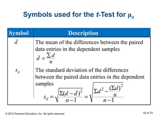 Symbols used for the t-Test for μd
Symbol Description
d The mean of the differences between the paired
data entries in the dependent samples
The standard deviation of the differences
between the paired data entries in the dependent
samples
d
d
n
∑
=
2
2
2
( )
( )
1 1d
d
dd d ns
n n
Σ
Σ −Σ −
= =
− −
sd
© 2012 Pearson Education, Inc. All rights reserved. 43 of 70
 